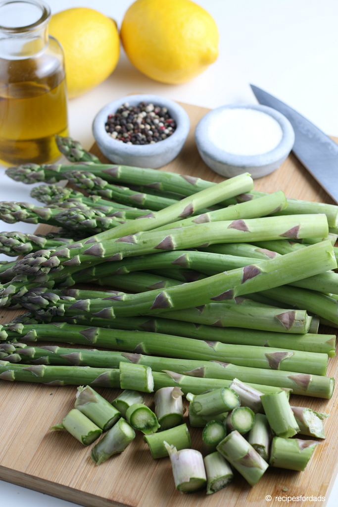 Cut ends of asparagus, and serve with pepper, oil, and salt