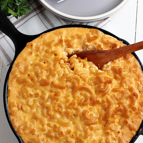 Smoked mac and cheese served in cast iron skillet