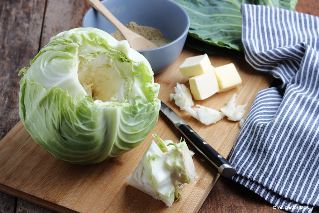 prepping the cabbage by cutting core out of cabbage