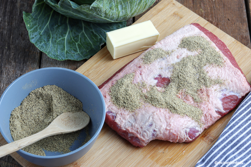 seasoned corned beef brisket ready for smoking