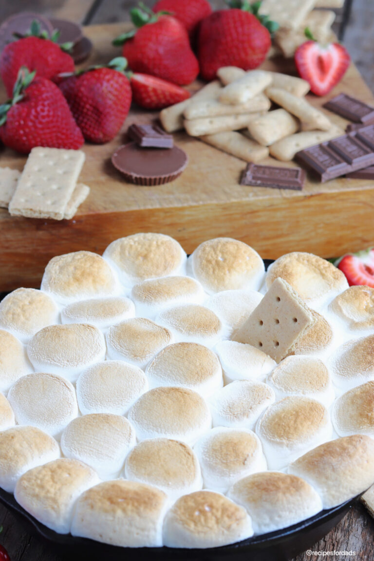 s'mores dip served with strawberries and graham crackers