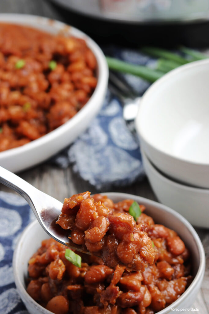 bbq baked beans served in white bowl, garnished with green onions