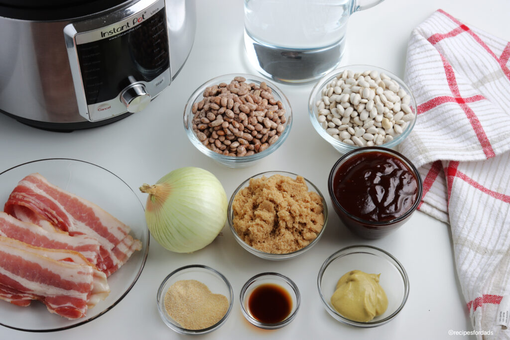 ingredients used to make bbq baked beans with pressure cooker in the background
