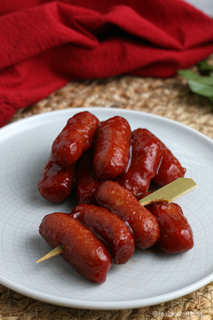 Crockpot BBQ Little Smokies served on white plate