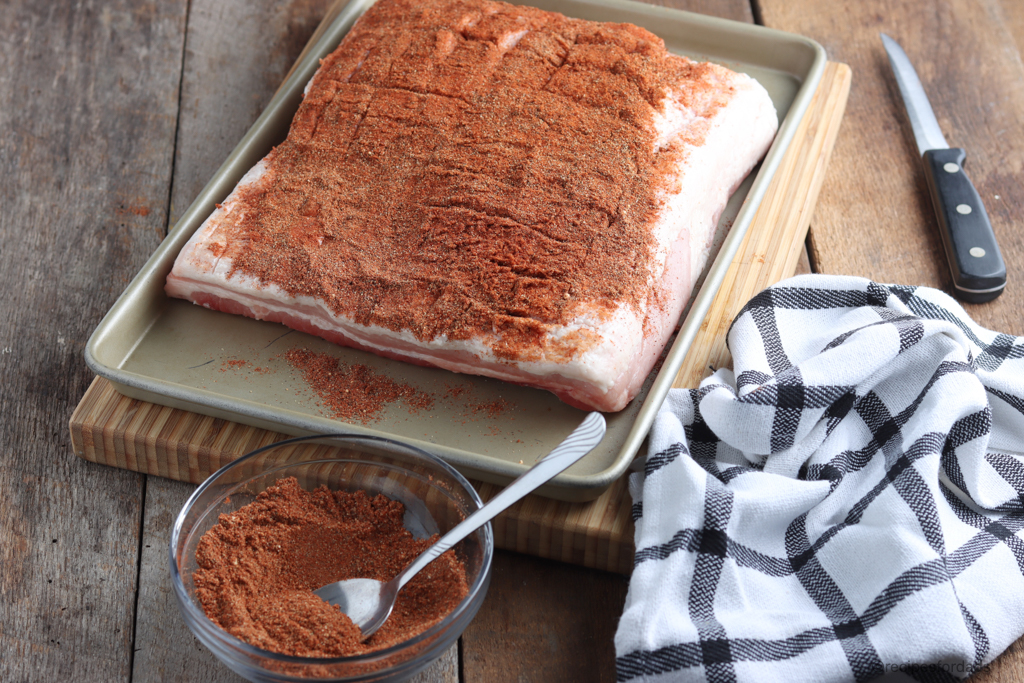 Seasoned Pork Belly Rub With black and white cloth napkin