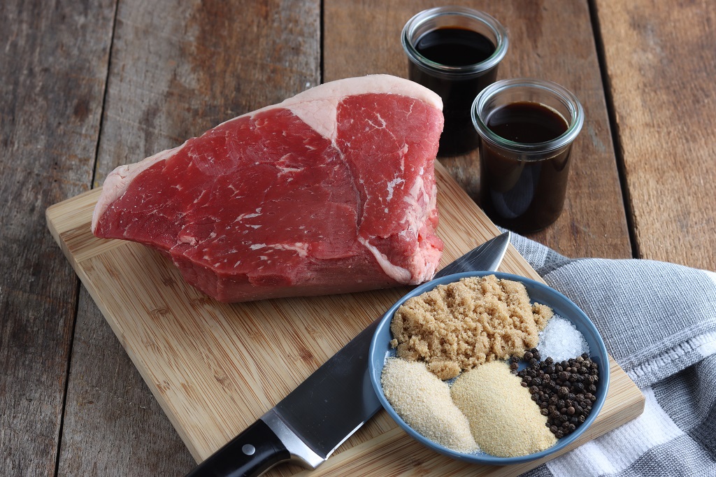 Ingredients for Beef Jerky displayed on cutting board