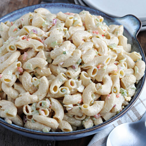 macaroni salad served in blue bowl