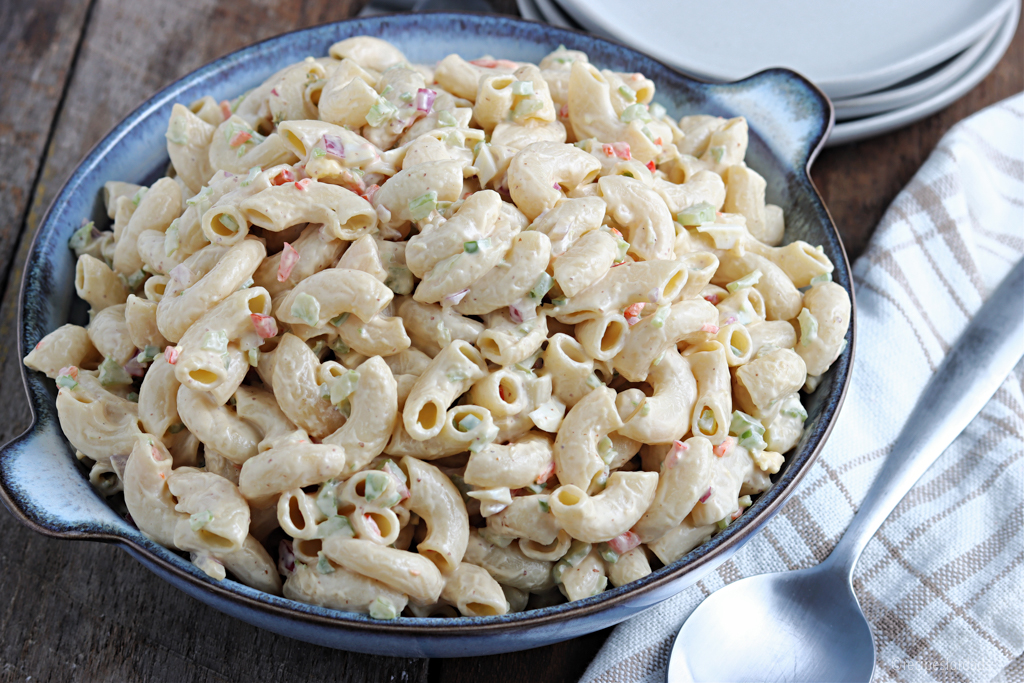 Macaroni Salad served in blue bowl
