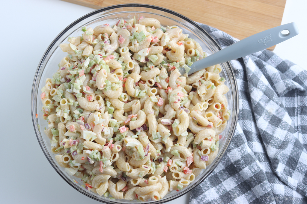 Finished Macaroni Pasta Salad in glass bowl