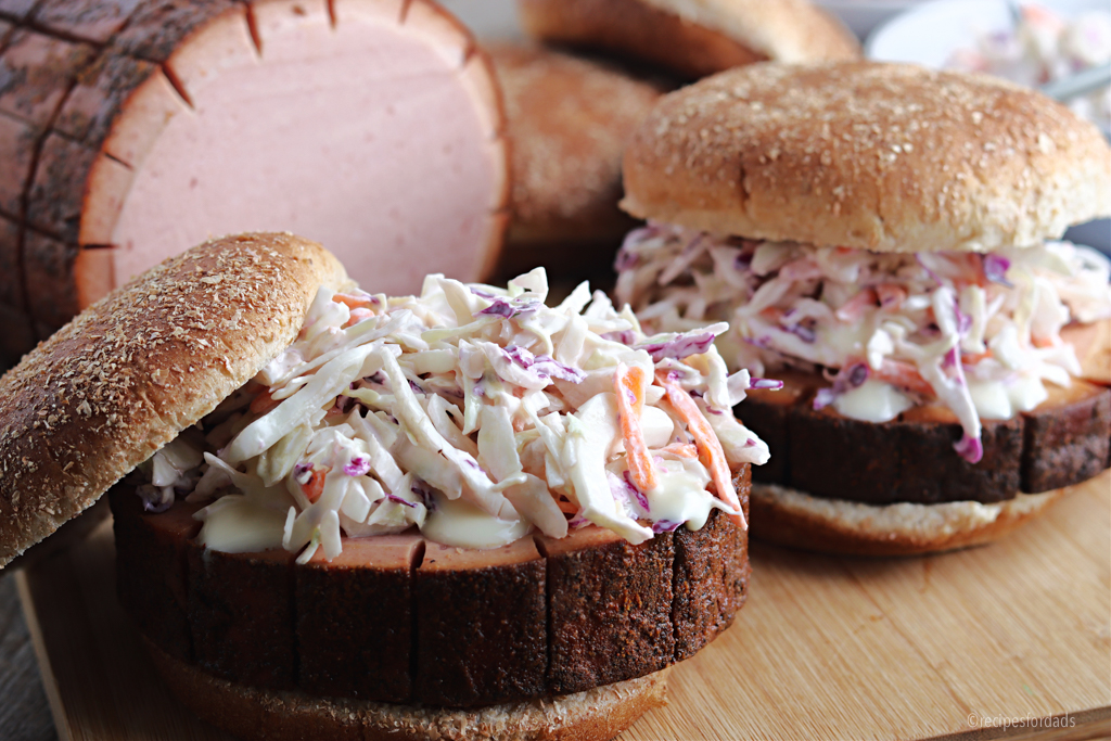 Smoked bologna sandwiches served with coleslaw