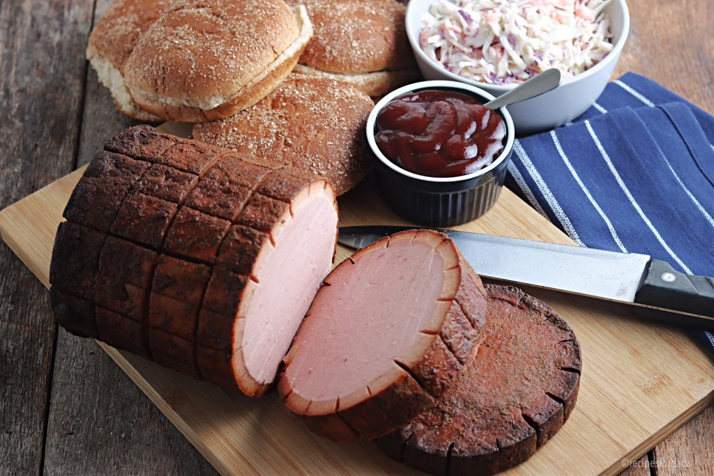 Smoked Bologna served with coleslaw and buns