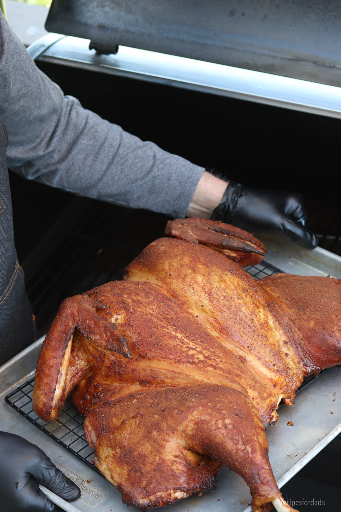 smoked spatchcock turkey on Traeger Smoker