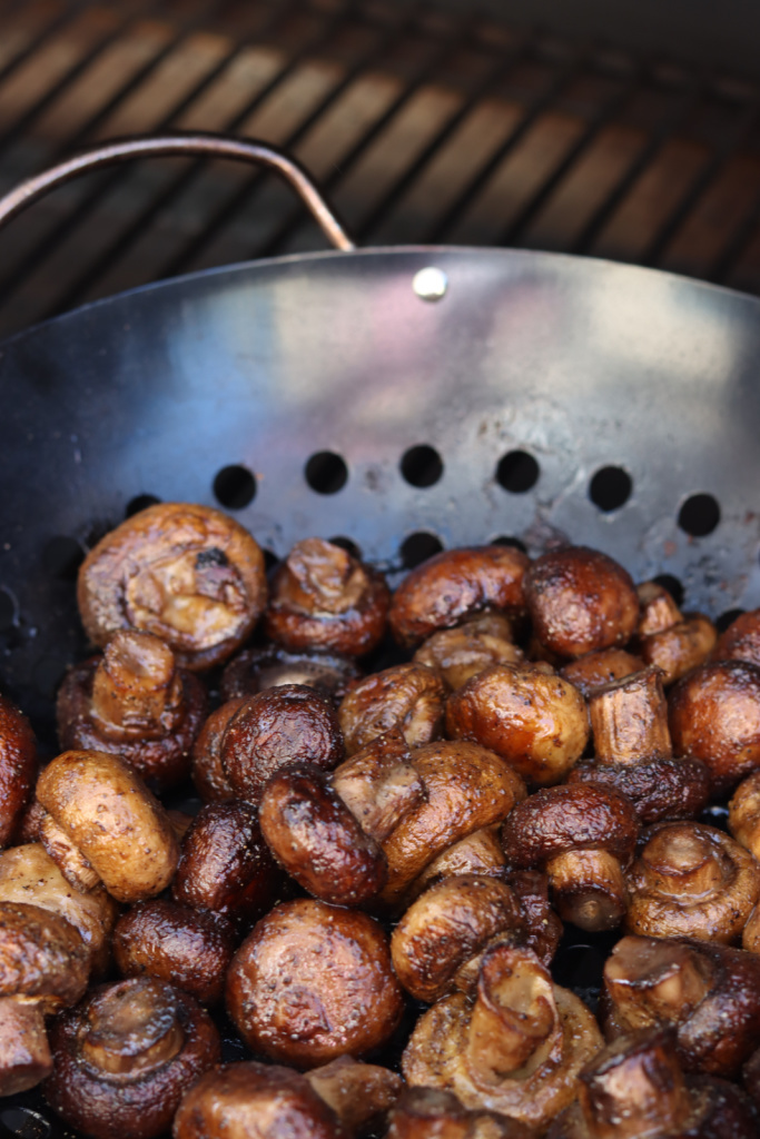 Traeger mushrooms on Traeger smoker