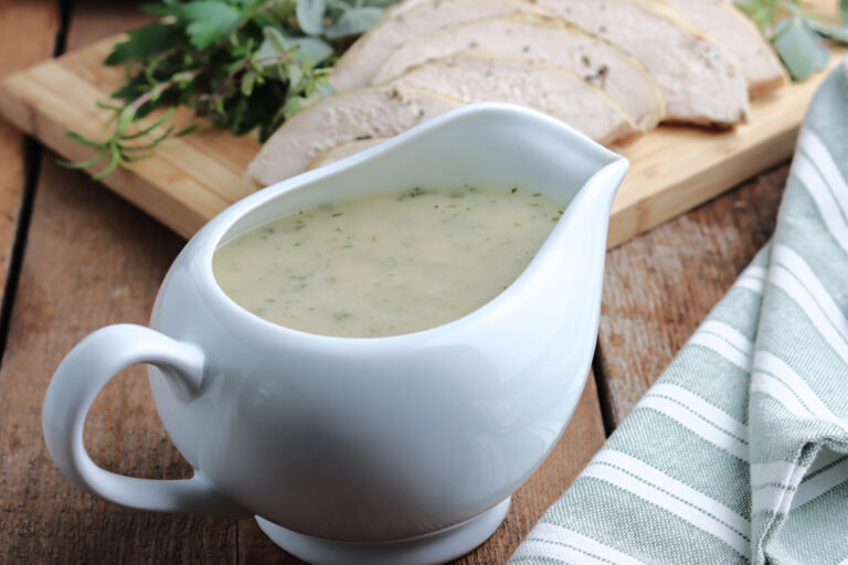 turkey gravy in white gravy boat